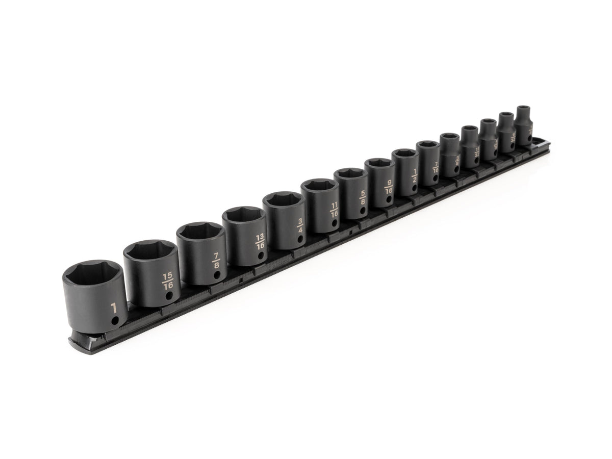 3/8 Inch Drive Shallow 6-Point Impact Socket Set with Rail, 15-Piece (1/4 - 1 in.)