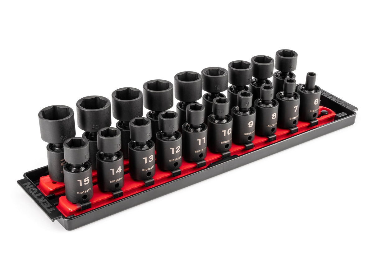 3/8 Inch Drive Shallow 6-Point Universal Joint Impact Socket Set with Rails and Tray, 19-Piece (6 - 24 mm)