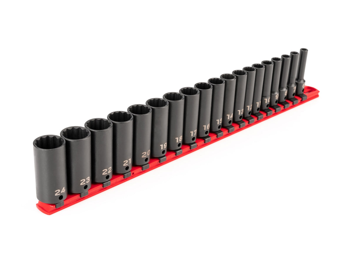 3/8 Inch Drive Deep 12-Point Impact Socket Set with Rail, 19-Piece (6 - 24 mm)