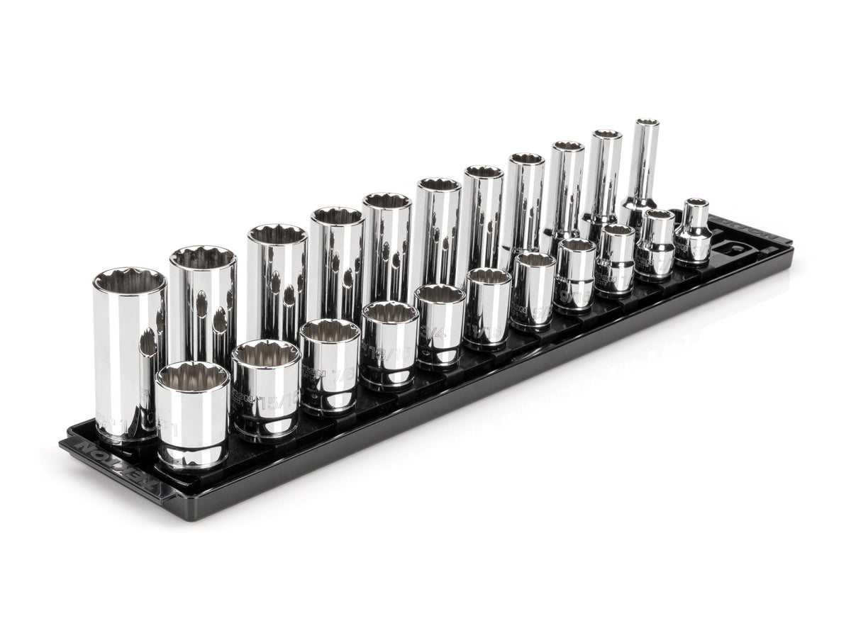 1/2 Inch Drive Shallow and Deep 12-Point Socket Set with Rails and Tray, 22-Piece (3/8 - 1 in.)