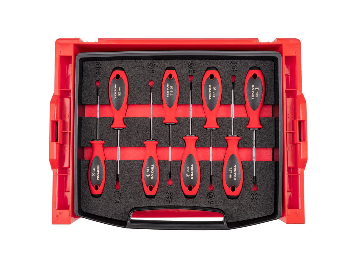 Square and Torx Screwdriver Set with Open Top Drawer and Rack - 4 Inch Shanks, 8-Piece (T10 - T30, #1 - #2)