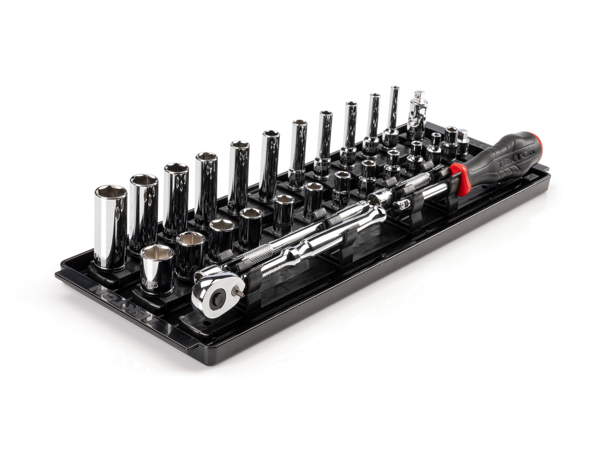 1/4 Inch Drive Shallow and Deep 6-Point Socket and Ratchet Set with Rails and Tray, 29-Piece (5/32 - 9/16 in.)