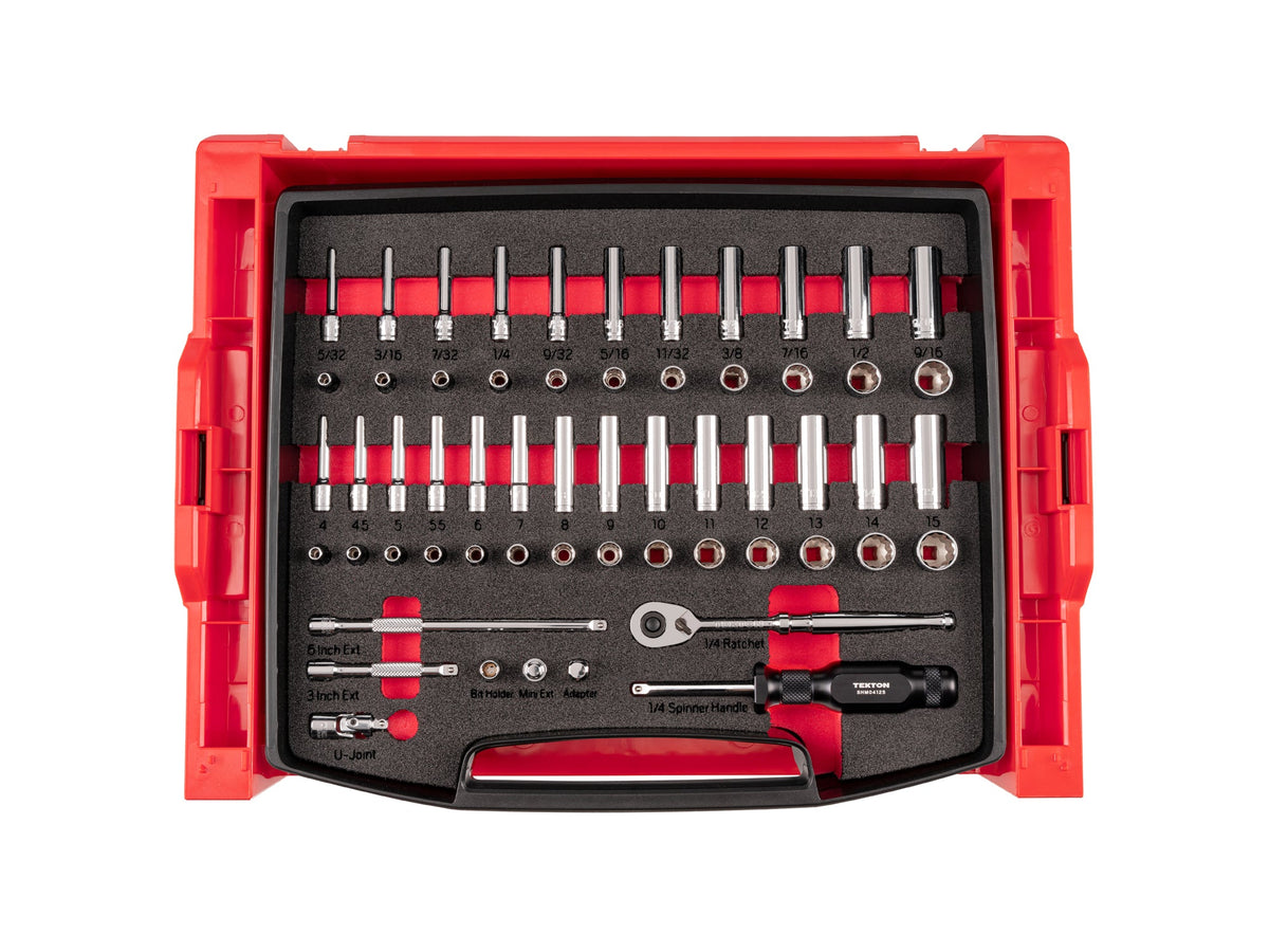 1/4 Inch Drive Shallow and Deep 12-Point Socket and Ratchet Set with Open Top Drawer and Rack, 58-Piece (5/32 - 9/16 in., 4 - 15 mm)