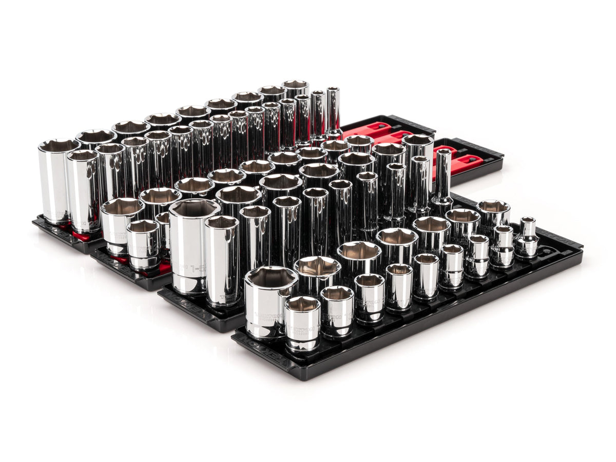 1/2 Inch Drive Shallow and Deep 6-Point Socket Set with Rails and Trays, 78-Piece (3/8 - 1-5/16 in., 10-32 mm)