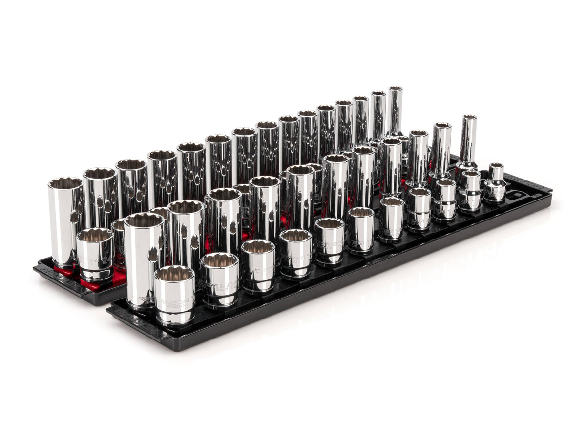 1/2 Inch Drive Shallow and Deep 12-Point Socket Set with Rails and Trays, 52-Piece (3/8 - 1 in., 10 - 24 mm)
