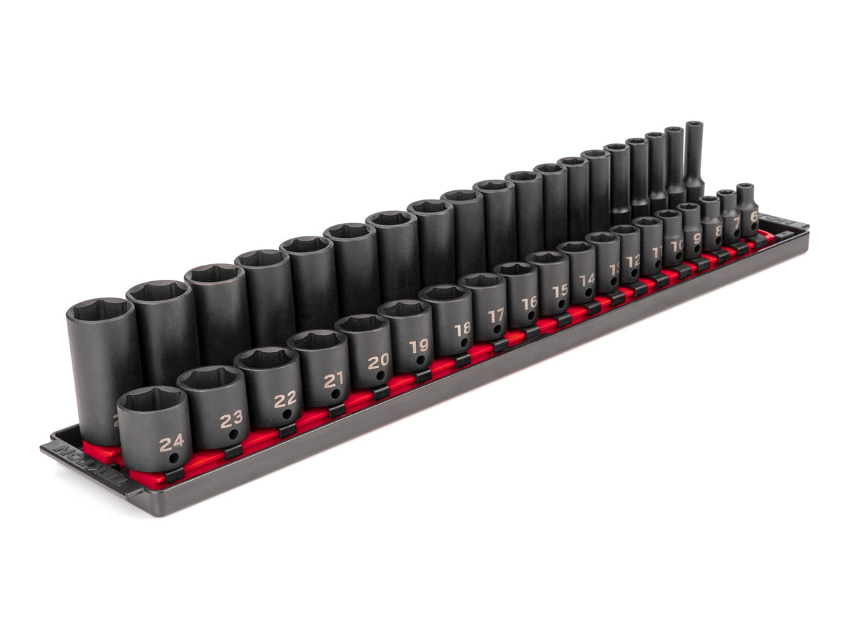3/8 Inch Drive Shallow and Deep 6-Point Impact Socket Set with Rails and Tray, 38-Piece (6 - 24 mm)