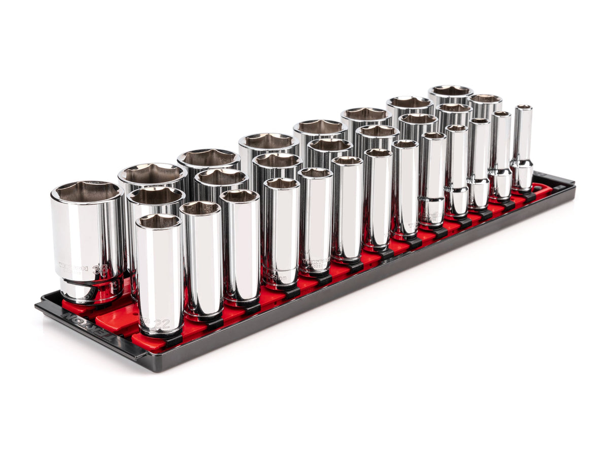 1/2 Inch Drive Deep 6-Point Socket Set with Rails and Tray, 29-Piece (10 - 38 mm)