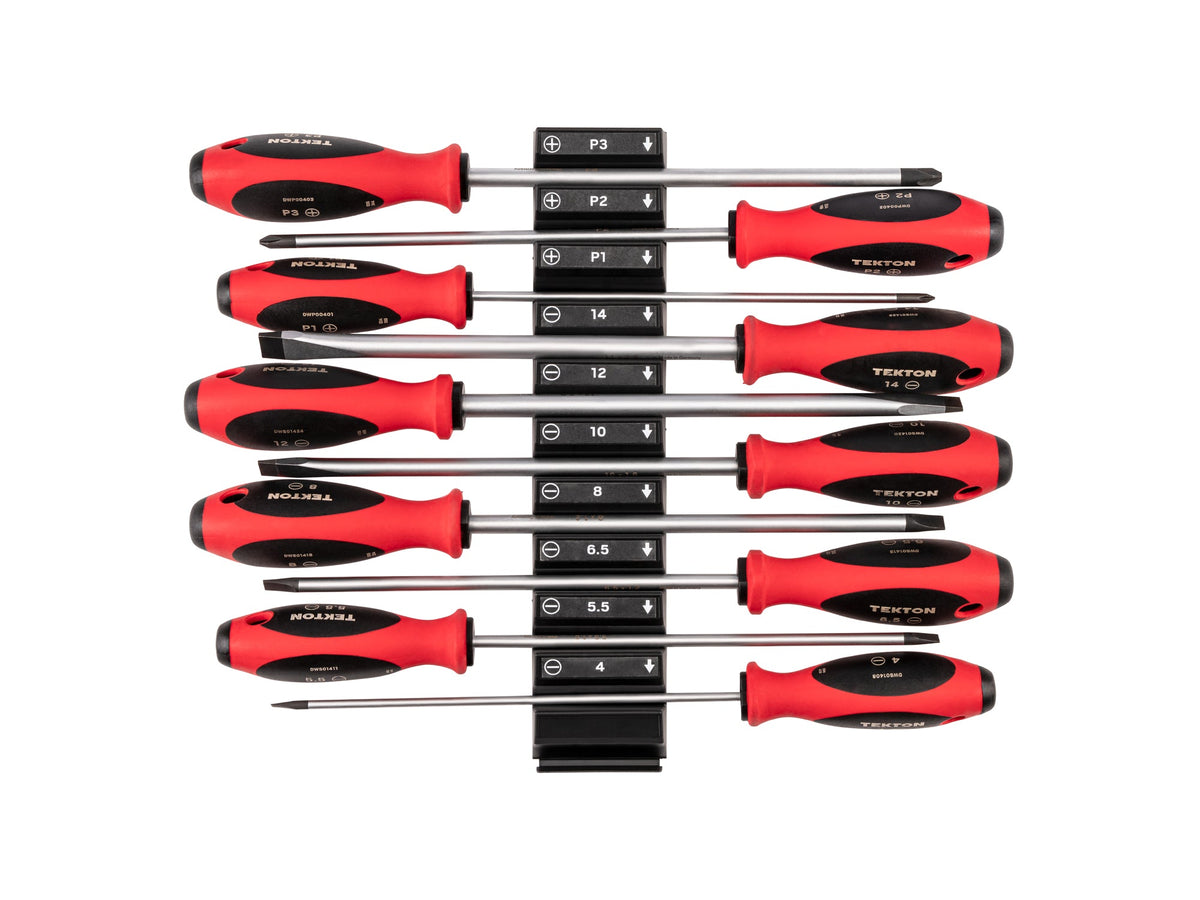 Phillips and Slotted Screwdriver Set with Modular Organizers - 8 Inch Shanks, 10-Piece (#1 - #3, 4 - 14 mm)