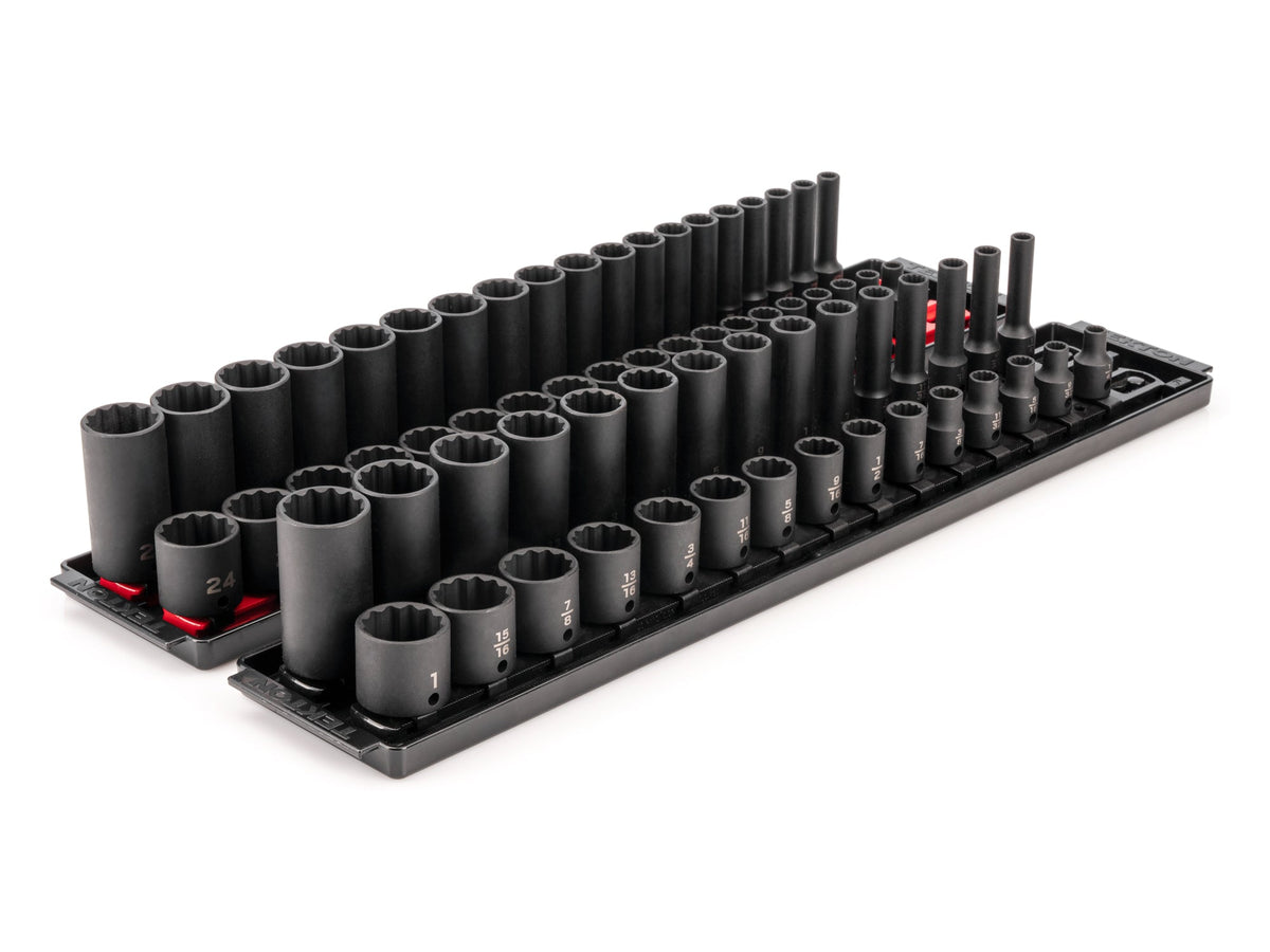 3/8 Inch Drive Shallow and Deep 12-Point Impact Socket Set with Rails and Trays, 68-Piece (1/4 - 1 in., 6 - 24 mm)