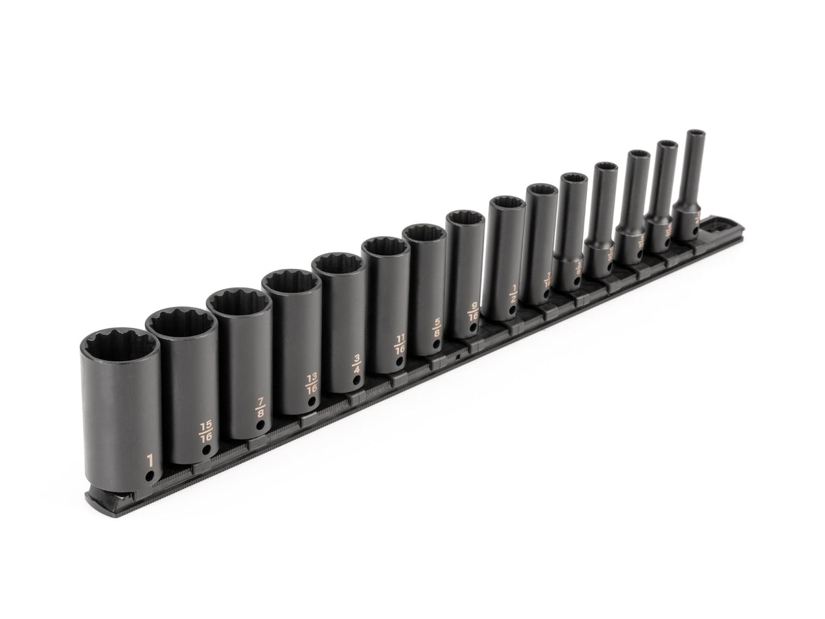 3/8 Inch Drive Deep 12-Point Impact Socket Set with Rail, 15-Piece (1/4 - 1 in.)