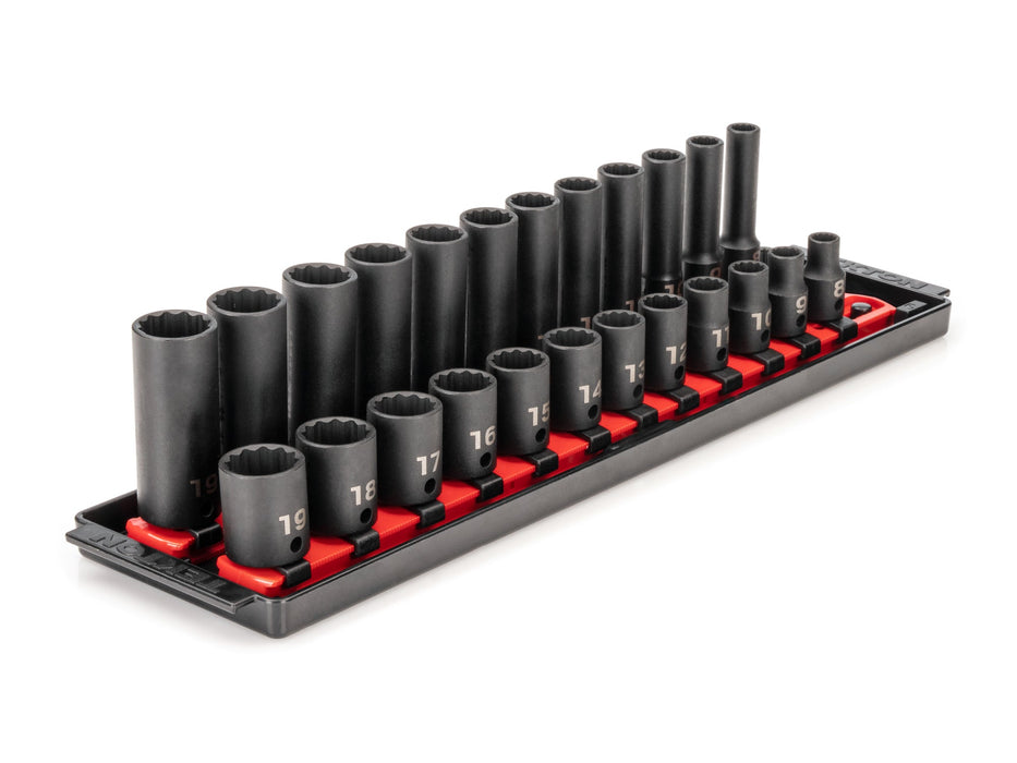 3/8 Inch Drive Shallow and Deep 12-Point Impact Socket Set with Rails and Tray, 24-Piece (8 - 19 mm)
