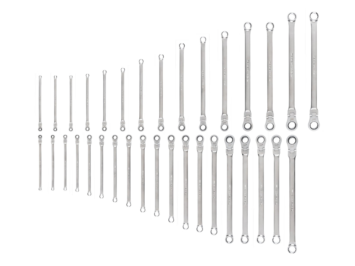 Long Fixed/Flex Head 12-Point Ratcheting Box End Wrench Set, 34-Piece (1/4-1 in., 6-24 mm)