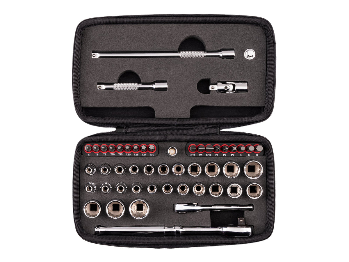 1/4 Inch Drive 12-Point Small Engine Shallow Socket, Bit, and Quick Release Ratchet Set with Case (50-Piece)