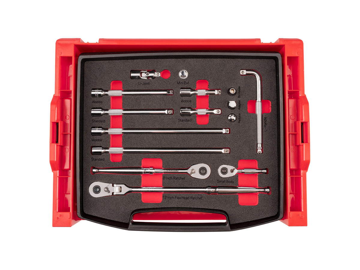 3/8 Inch Drive Ratchet and Accessories Set with Open Top Drawer and Rack (15-Piece)