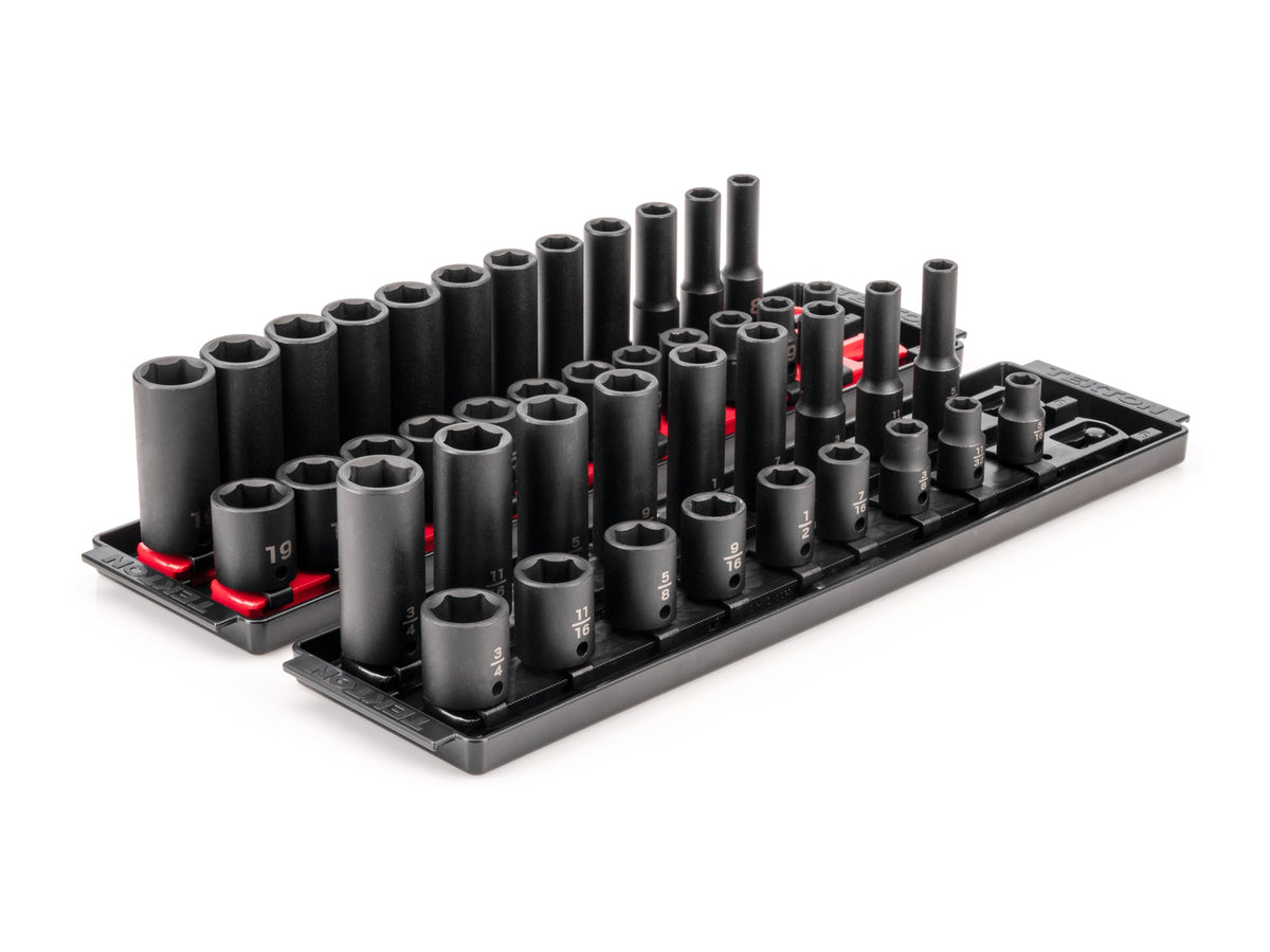 3/8 Inch Drive Shallow and Deep 6-Point Impact Socket Set with Rails and Trays, 42-Piece (5/16 - 3/4 in., 8 - 19 mm)