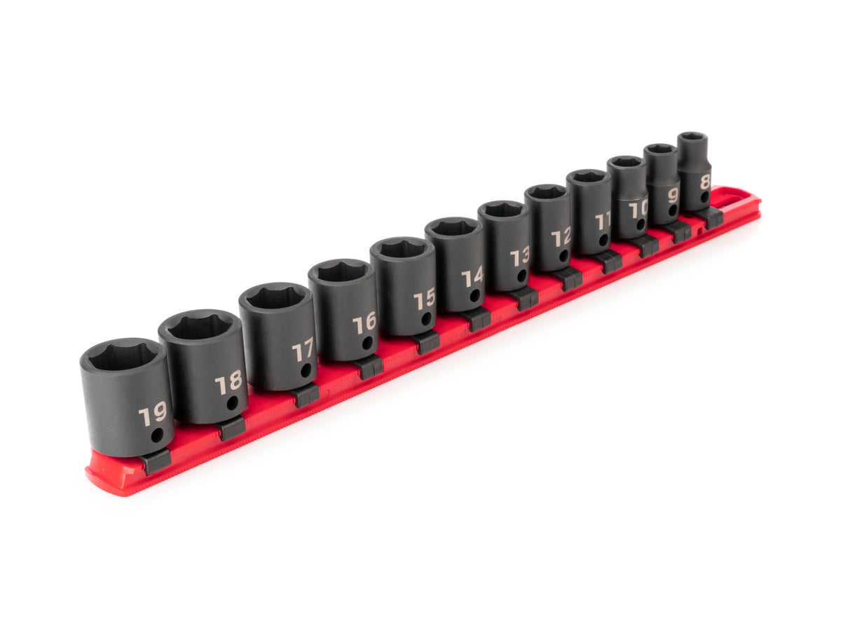 3/8 Inch Drive Shallow 6-Point Impact Socket Set with Rail, 12-Piece (8 - 19 mm)