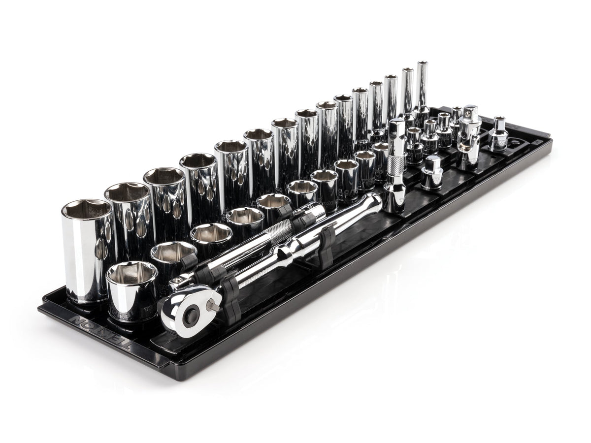3/8 Inch Drive Shallow and Deep 6-Point Socket and Ratchet Set with Rails and Tray, 36-Piece (1/4 - 1 in.)