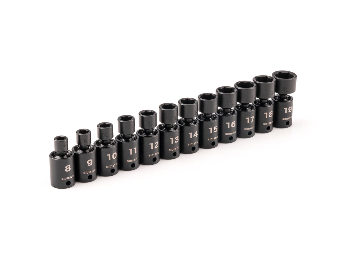 3/8 Inch Drive Shallow 6-Point Universal Joint Impact Socket Set, 12-Piece (8 - 19 mm)