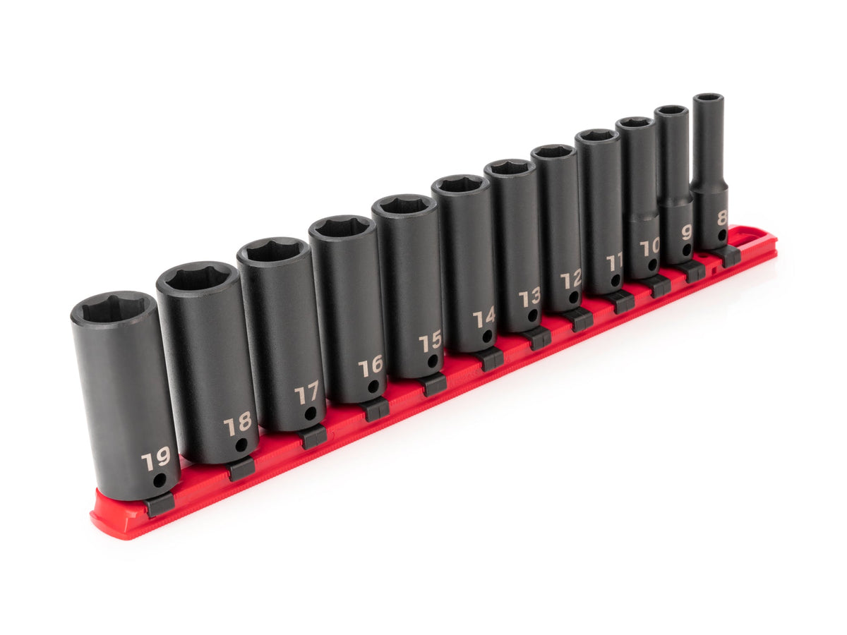 3/8 Inch Drive Deep 6-Point Impact Socket Set with Rail, 12-Piece (8 - 19 mm)