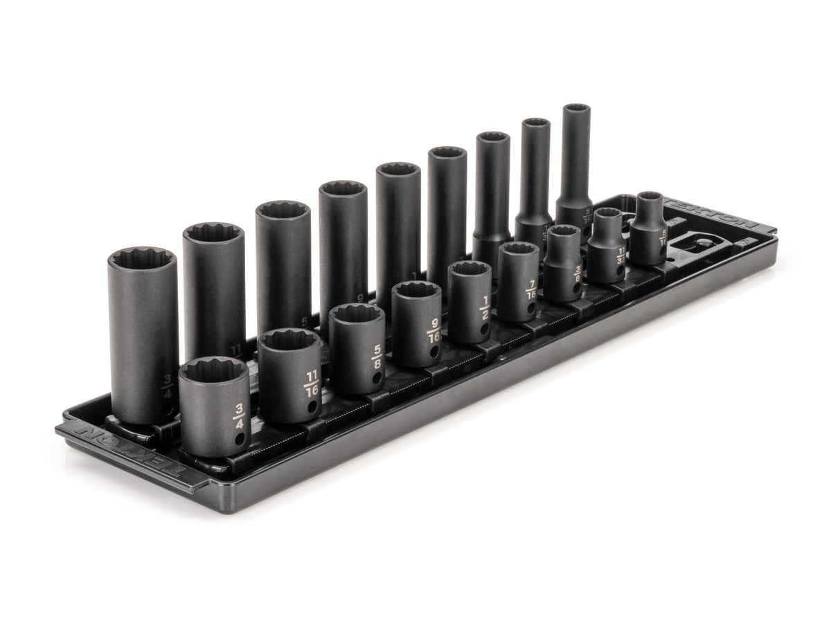3/8 Inch Drive Shallow and Deep 12-Point Impact Socket Set with Rails and Tray, 18-Piece (5/16 - 3/4 in.)