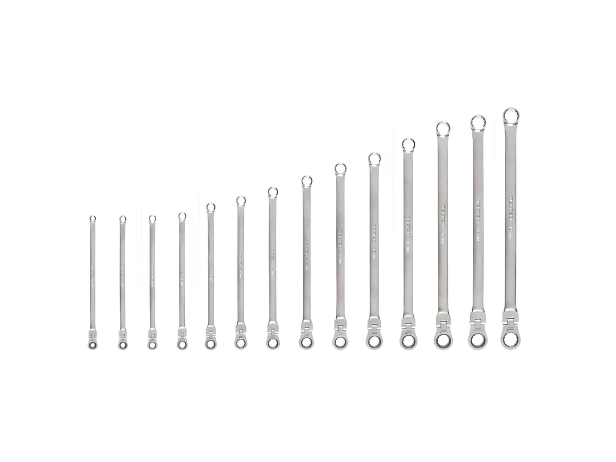 Long Fixed/Flex Head 12-Point Ratcheting Box End Wrench Set, 14-Piece (6-19 mm)