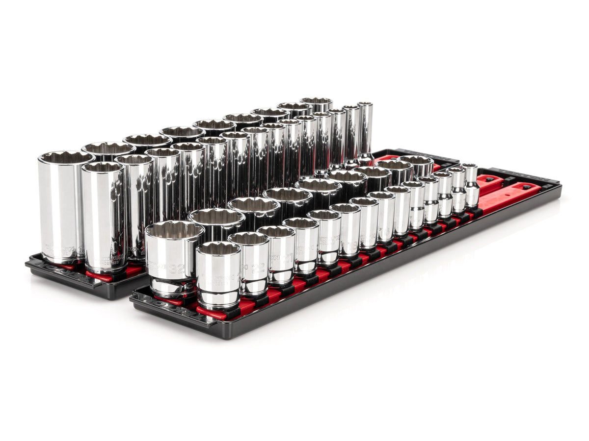1/2 Inch Drive Shallow and Deep 12-Point Socket Set with Rails and Trays, 46-Piece (10 - 32 mm)