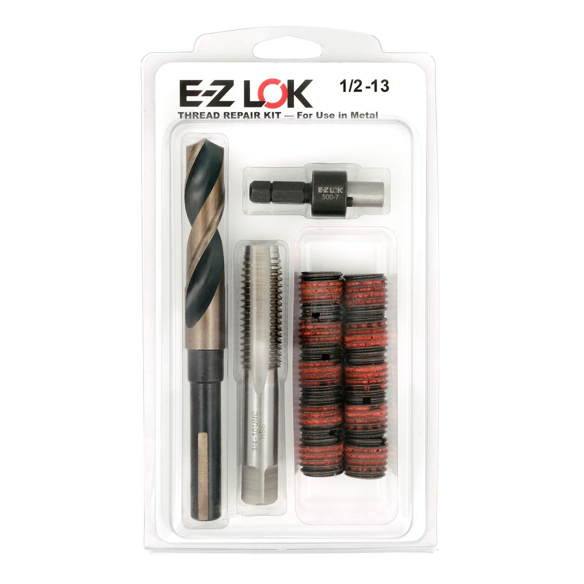 1/2"-13 x 3/4"-10 Carbon Steel Solid Wall Threaded Insert W/Red Loctite Standard Repair Kit with Inserts, Drill Bit, Tap, and Install Tool