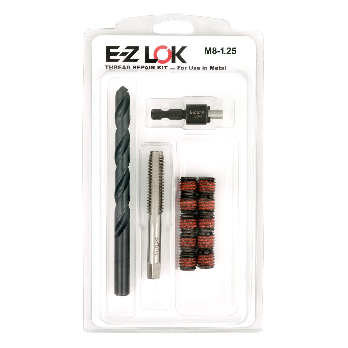 M8-1.25 x M12-1.75 Carbon Steel Solid Wall Threaded Insert W/Red Loctite Standard Repair Kit with Inserts, Drill Bit, Tap, and Install Tool