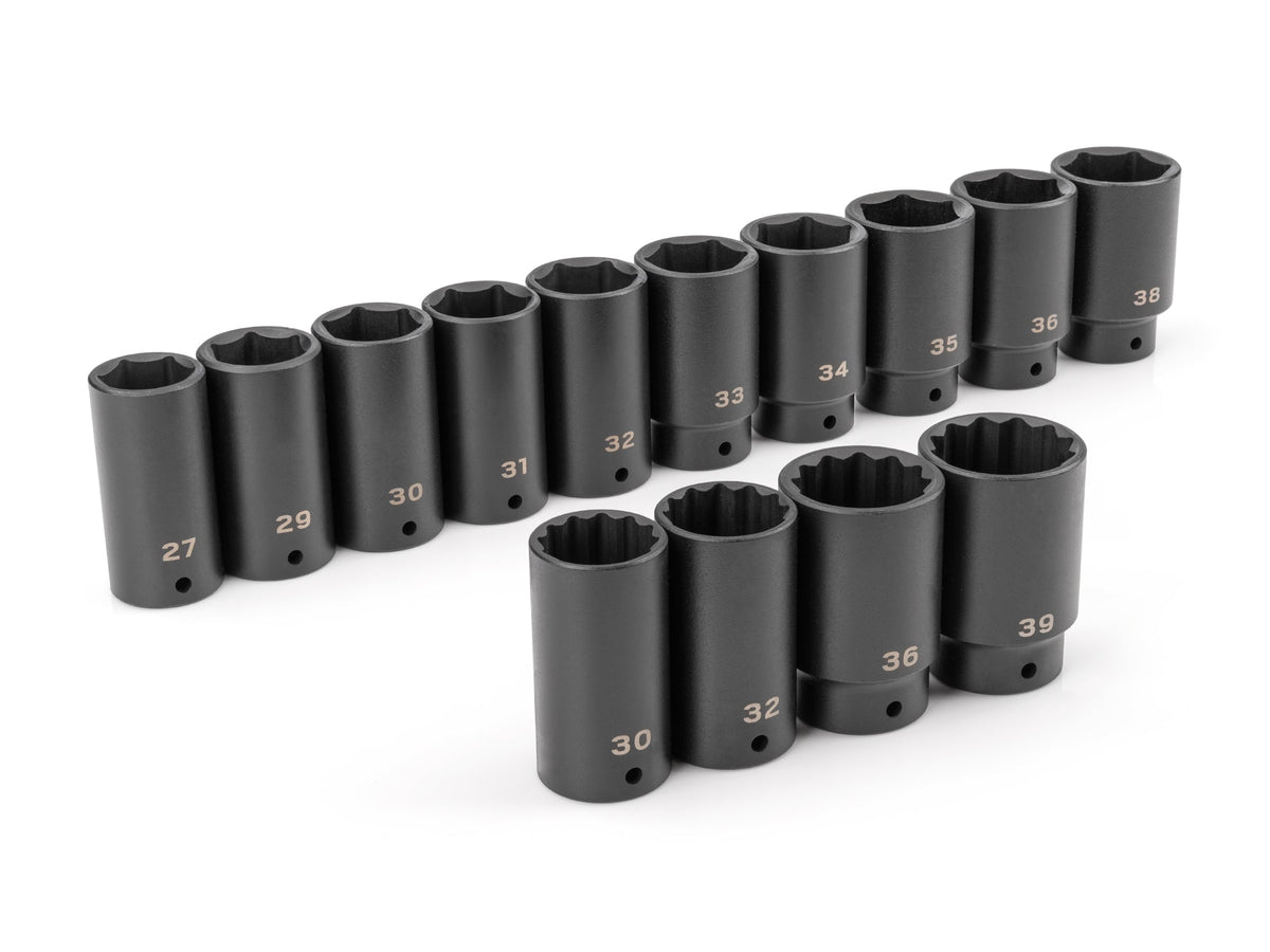 1/2 Inch Drive Deep 6-Point and 12-Point Axle Nut Impact Socket Set, 14-Piece (27 - 39 mm)