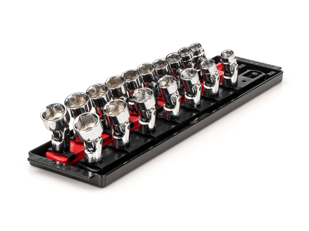 3/8 Inch Drive Shallow 6-Point Universal Joint Socket Set with Rails and Tray, 17-Piece (3/8 - 3/4 in., 10 - 19 mm)