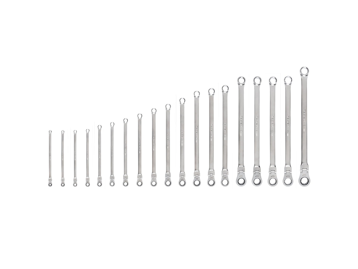 Long Fixed/Flex Head 12-Point Ratcheting Box End Wrench Set, 19-Piece (6-24 mm)
