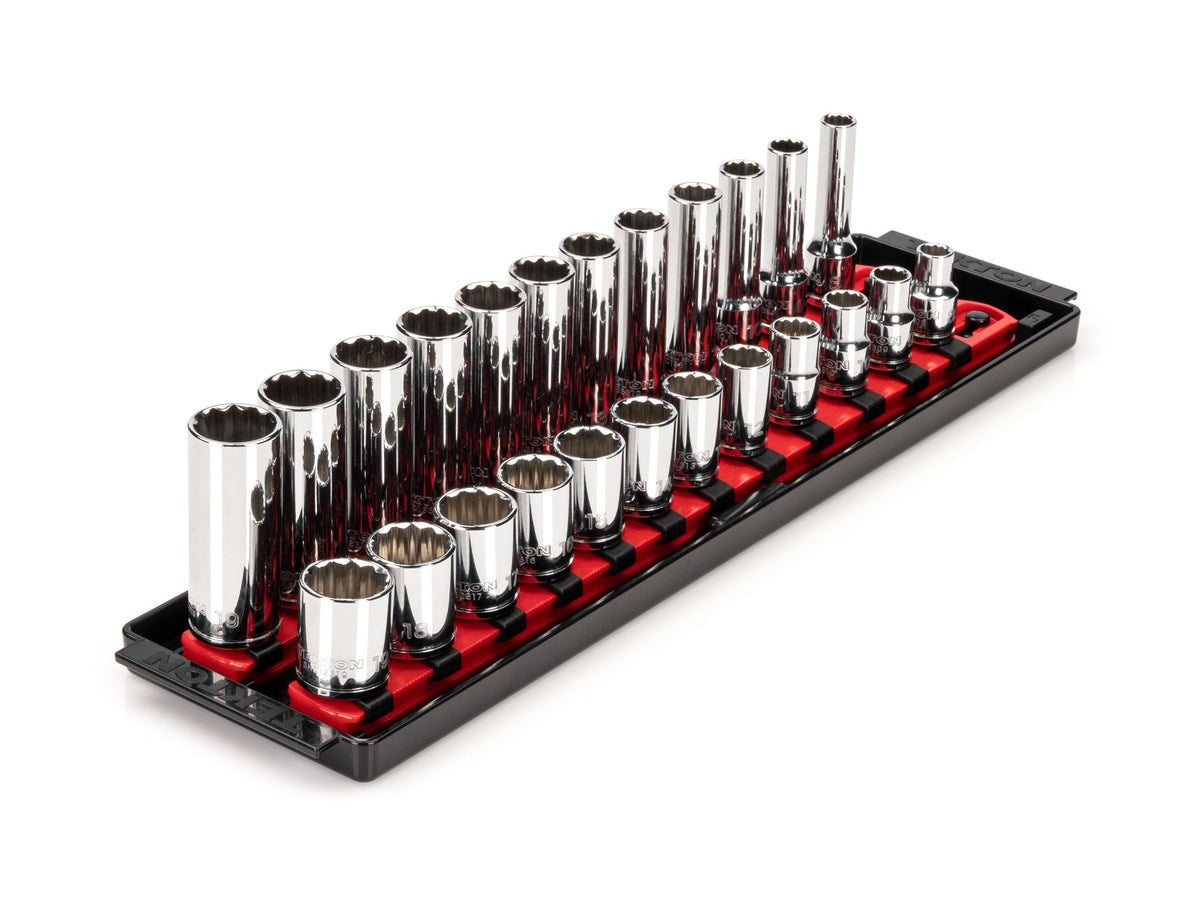 3/8 Inch Drive Shallow and Deep 12-Point Socket Set with Rails and Tray, 24-Piece (8 - 19 mm)