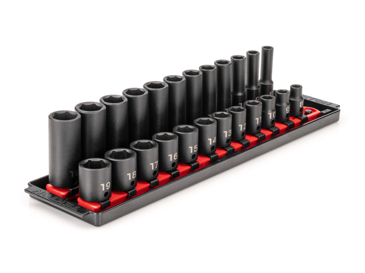3/8 Inch Drive Shallow and Deep 6-Point Impact Socket Set with Rails and Tray, 24-Piece (8 - 19 mm)