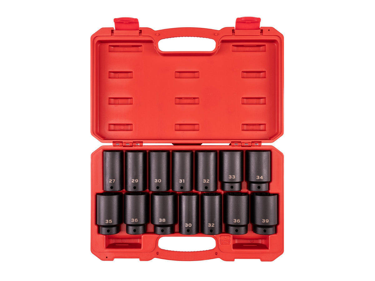 1/2 Inch Drive Deep 6-Point and 12-Point Axle Nut Impact Socket Set with Case, 14-Piece (27 - 39 mm)
