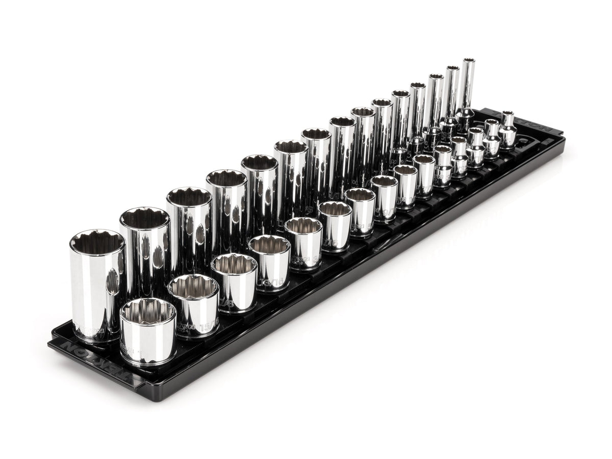 3/8 Inch Drive Shallow and Deep 12-Point Socket Set with Rails and Tray, 30-Piece (1/4 - 1 in.)