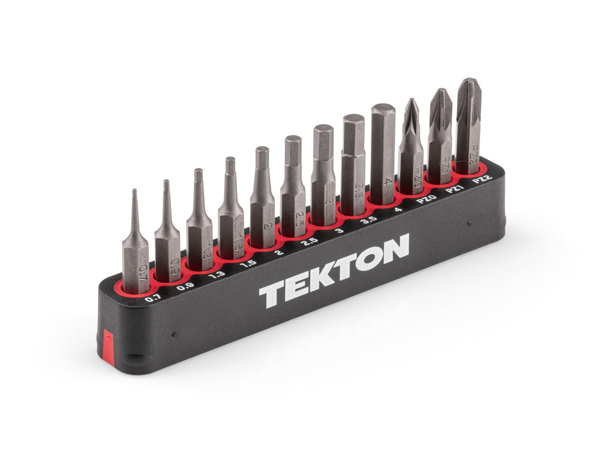 4 mm Hex and Pozidriv Bit Set with Rail, 12-Piece (0.7 - 4 mm, PZ0 - PZ2)