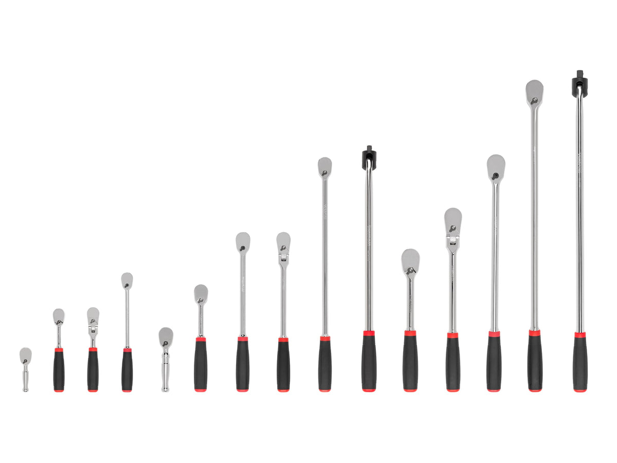 1/4, 3/8, 1/2 Inch Drive Non-Quick-Release Comfort Grip Ratchet and Breaker Bar Set (15-Piece)