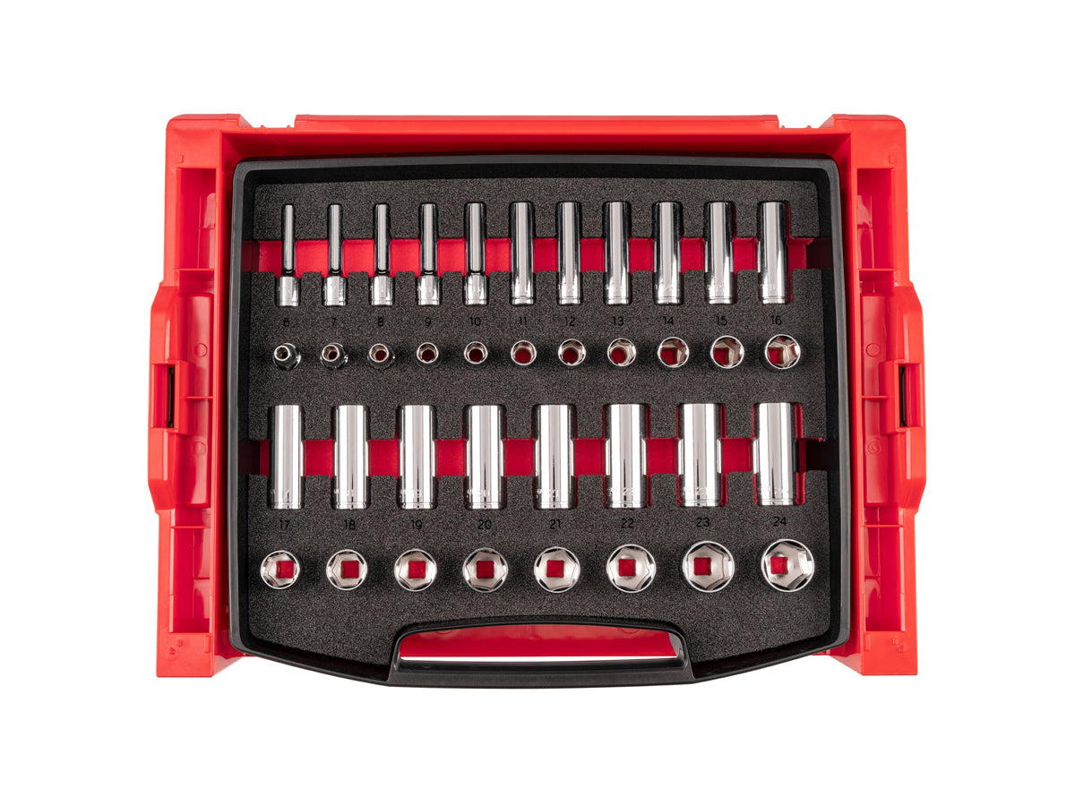 3/8 Inch Drive Shallow and Deep 6-Point Socket Set with Open Top Drawer and Rack, 38-Piece (6 - 24 mm)