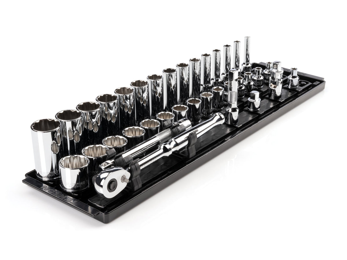 3/8 Inch Drive Shallow and Deep 12-Point Socket and Ratchet Set with Rails and Tray, 36-Piece (1/4 - 1 in.)