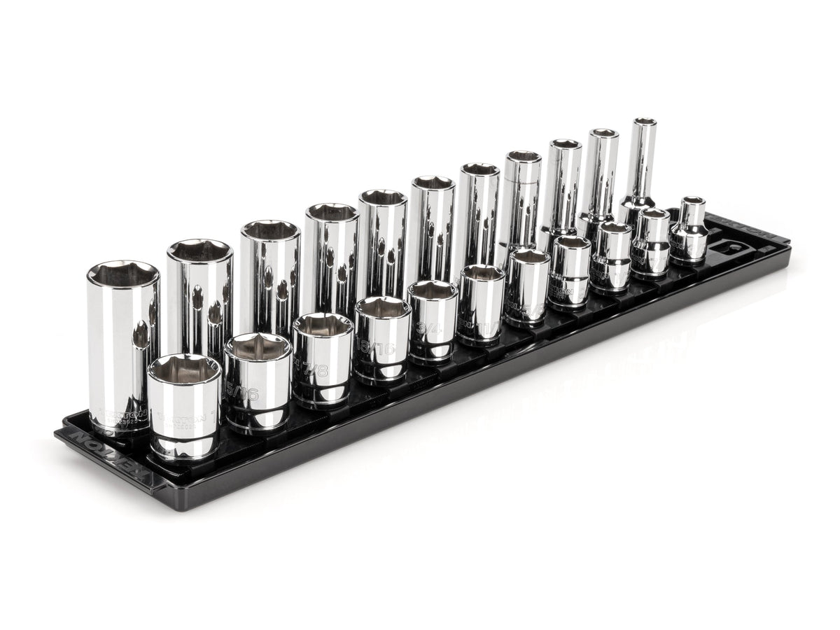 1/2 Inch Drive Shallow and Deep 6-Point Socket Set with Rails and Tray, 22-Piece (3/8 - 1 in.)