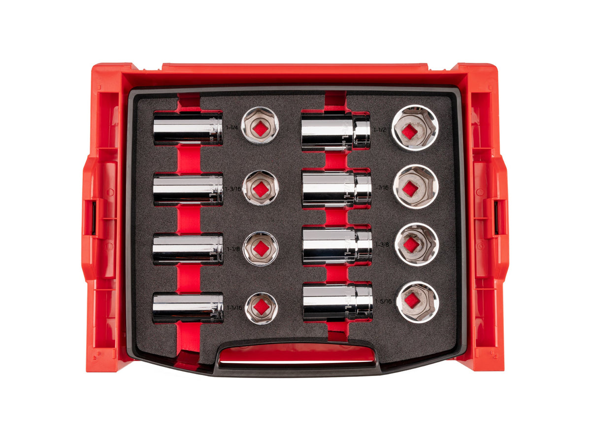 1/2 Inch Drive Shallow and Deep 6-Point Socket Set with Open Top Drawer and Rack, 16-Piece (1-1/16 - 1-1/2 in.)